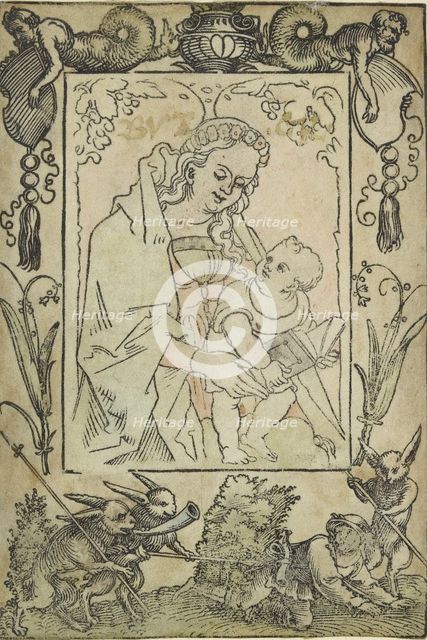 The Virgin and Child surrounded by a border with a hunter and some rabbits, 16th century. Artist: Sebald Beham.