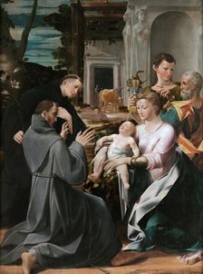 The Virgin and Child with Saint Joseph adored by Saints Anthony of Padua, Francis of Assisi..., 1537 Creator: Mazzola Bedoli, Girolamo (c. 1500-1569)