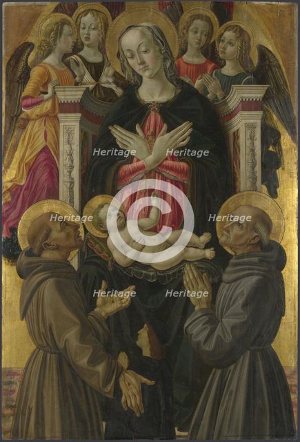 The Virgin and Child with Saints, Angels and a Donor (from Altarpiece: The Virgin and Child with Saints), ca 1475. Artist: Caporali, Bartolomeo (1420-1505)