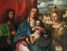 The Virgin and Child with Saints John the Baptist,Catherine of Alexandria and Donator,Early16th cen. Creator: Buonconsiglio (Il Marescalco), Giovanni (c. 1465-1535/37)