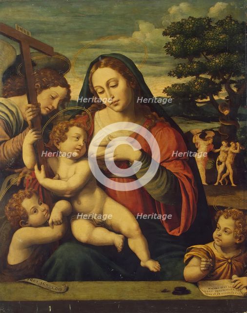 The Virgin and the Child with St John the Baptist, St John the Evangelist and an Angel, 1550. Creator: Juan De Juanes.
