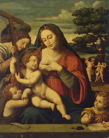 The Virgin and the Child with St John the Baptist, St John the Evangelist and an Angel, 1550. Creator: Juan De Juanes