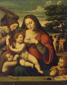 The Virgin and the Child with St John the Baptist, St John the Evangelist and an Angel, 1550. Creator: Juan De Juanes