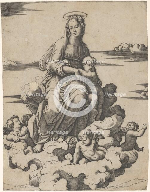 The Virgin and the Christ Child seated on clouds, ca. 1500-1534. Creator: Marcantonio Raimondi.