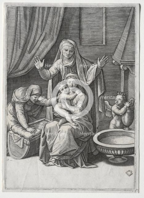 The Virgin and the Cradle with Saint Elisabeth and Saint Anne, 1520. Creator: Marcantonio Raimondi (Italian, 1470/82-1527/34).