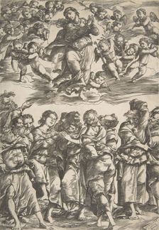 The Virgin at top center in clouds with clasped hands and right foot raised, surrounded by..., 1517. Creator: Domenico Campagnola