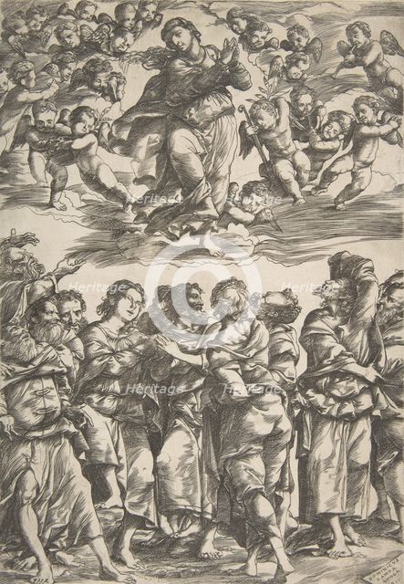 The Virgin at top center in clouds with clasped hands and right foot raised, surrounded by..., 1517. Creator: Domenico Campagnola.