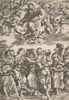 The Virgin at top center in clouds with clasped hands and right foot raised, surrounded by..., 1517. Creator: Domenico Campagnola