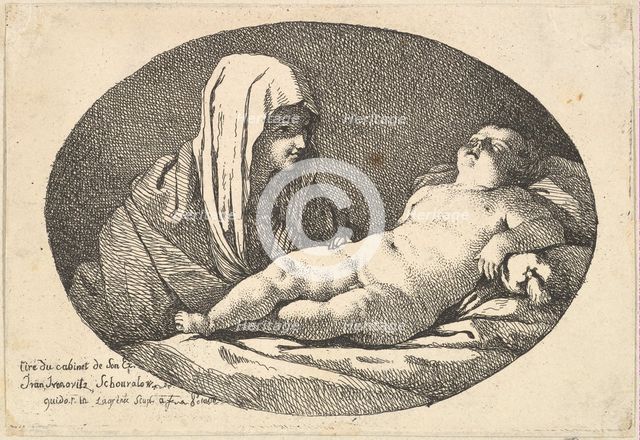 The Virgin at left watching the infant Christ as he sleeps, an oval composition, after ..., 1760-63. Creator: Jean Jacques Lagrenee.