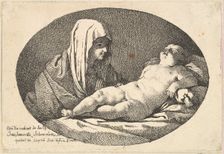 The Virgin at left watching the infant Christ as he sleeps, an oval composition, after ..., 1760-63. Creator: Jean Jacques Lagrenee