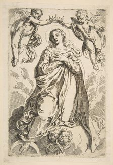 The Virgin being crowned by two angels, copy after Cantarini, 17th century. Creator: Unknown