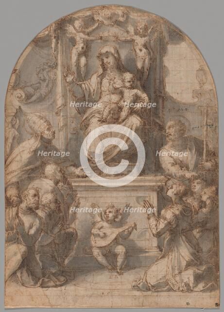 The Virgin Enthroned with Saints Gregory and James, and a Family of Donors, 1535/36. Creator: Perino del Vaga.