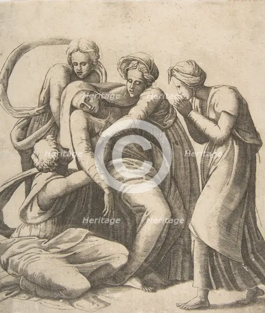 The Virgin fainting and being supported in the arms of the holy women, 1531-76. Creator: Giulio Bonasone.