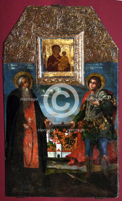The Virgin Hodegetria of Smolensk with Saints Abraham of Smolensk und Mercurius of Smolensk, 1722. Artist: Russian icon  