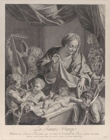The Virgin holding a cloth above the sleeping Christ child, with musical angels and th..., ca. 1729. Creator: Nicolas Pigne