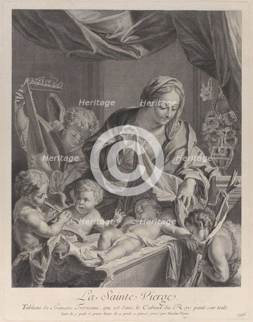The Virgin holding a cloth above the sleeping Christ child, with musical angels and th..., ca. 1729. Creator: Nicolas Pigne.