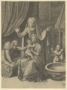 The Virgin holding the Christ Child, St Anne standing above with arms outstretched, St..., ca. 1520. Creator: Marcantonio Raimondi