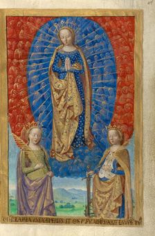 The Virgin in a Cloud of Angels, with Saints Barbara and Catherine; Poncher Hours, about 1500. Creator: Master of the Chronique Scandaleuse
