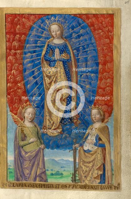 The Virgin in a Cloud of Angels, with Saints Barbara and Catherine; Poncher Hours, about 1500. Creator: Master of the Chronique Scandaleuse.
