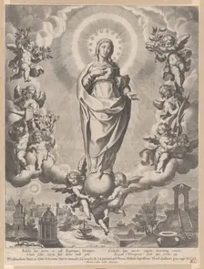 The Virgin in Glory, standing on clouds and surrounded by angels holding the symbols ..., 1595-1633. Creator: Cornelis Galle I