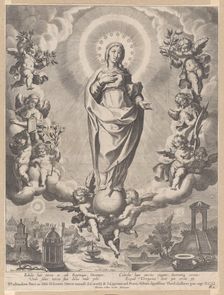 The Virgin in Glory, standing on clouds and surrounded by angels holding the symbols ..., 1595-1633. Creator: Cornelis Galle I