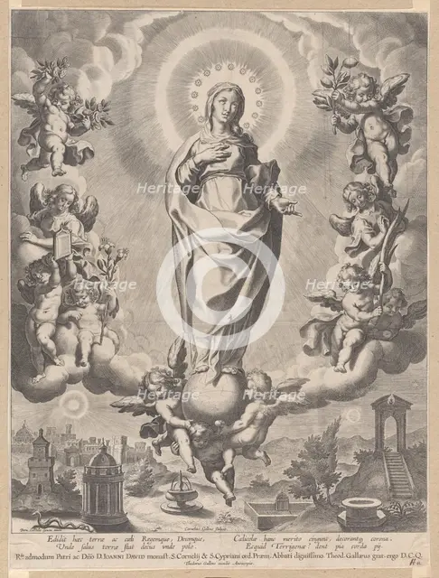 The Virgin in Glory, standing on clouds and surrounded by angels holding the symbols ..., 1595-1633. Creator: Cornelis Galle I.