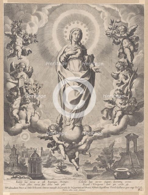 The Virgin in Glory, standing on clouds and surrounded by angels holding the symbols ..., 1595-1633. Creator: Cornelis Galle I.