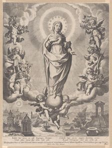 The Virgin in Glory, standing on clouds and surrounded by angels holding the symbols ..., 1595-1633. Creator: Cornelis Galle I