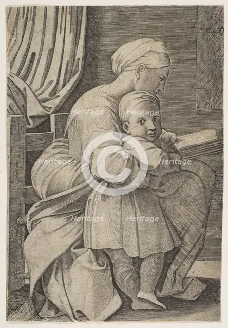 The Virgin in profile facing right reading to the infant Christ, ca. 1515-27. Creator: Attributed to Marco Dente (Italian, Ravenna, active by 1515-died 1527 Rome).