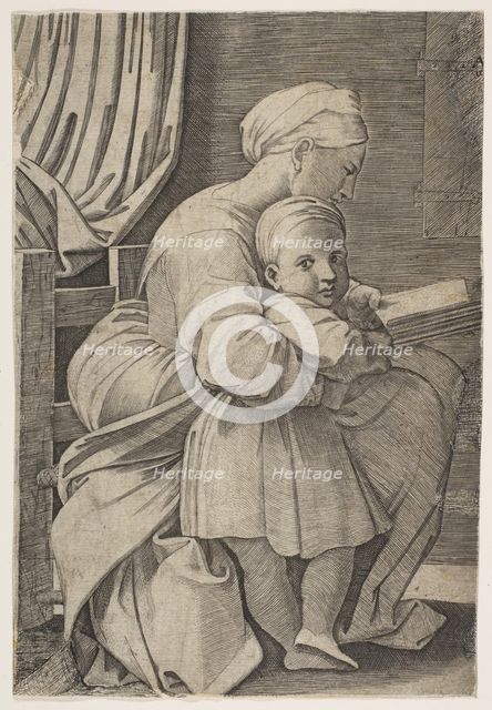 The Virgin in profile facing right reading to the infant Christ, ca. 1515-27. Creator: Attributed to Marco Dente (Italian, Ravenna, active by 1515-died 1527 Rome).