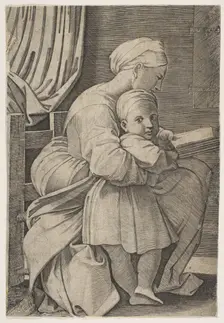 The Virgin in profile facing right reading to the infant Christ, ca. 1515-27. Creator: Attributed to Marco Dente (Italian, Ravenna, active by 1515-died 1527 Rome)
