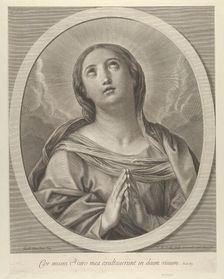 The Virgin in prayer, looking up with clouds behind her, in an oval frame, after Reni, ..., 1648-81. Creator: François de Poilly