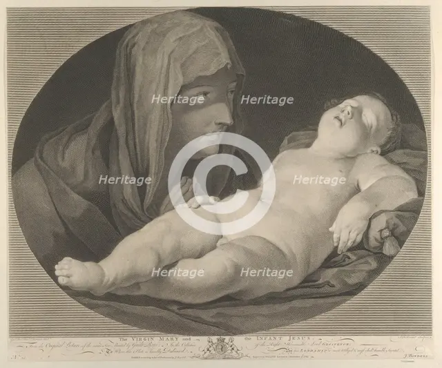 The Virgin in prayer, looking at the sleeping infant Christ, in an oval frame, after Reni,..., 1765. Creator: Simon François Ravenet.