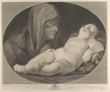 The Virgin in prayer, looking at the sleeping infant Christ, in an oval frame, after Reni,..., 1765. Creator: Simon François Ravenet