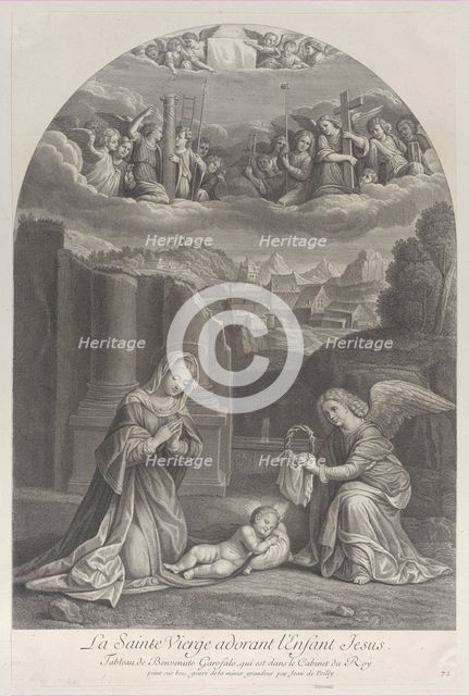 The Virgin Mary adoring the Christ child, an angel holding a crown of thorns at right,..., ca. 1729. Creator: Frédéric Horthemels.