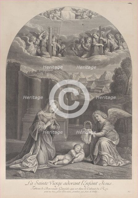 The Virgin Mary adoring the Christ child, an angel holding a crown of thorns at right,..., ca. 1729. Creator: Frédéric Horthemels.