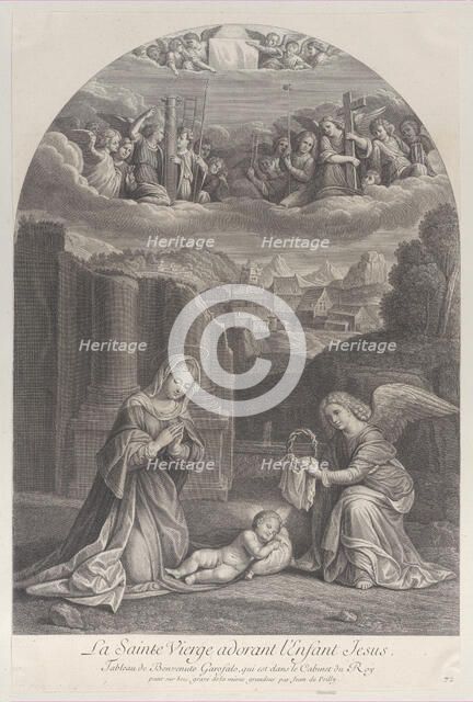 The Virgin Mary adoring the Christ child, an angel holding a crown of thorns at right,..., ca. 1729. Creator: Frédéric Horthemels.