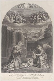The Virgin Mary adoring the Christ child, an angel holding a crown of thorns at right,..., ca. 1729. Creator: Frédéric Horthemels