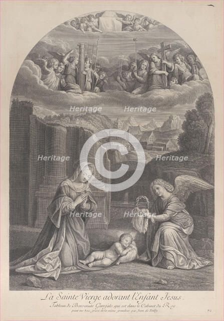 The Virgin Mary adoring the Christ child, an angel holding a crown of thorns at right,..., ca. 1729. Creator: Frédéric Horthemels.