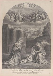 The Virgin Mary adoring the Christ child, an angel holding a crown of thorns at right,..., ca. 1729. Creator: Frédéric Horthemels