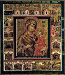 The Virgin of Tikhvin with Border Scenes, first quarter of 19th century. Creator: Russian icon