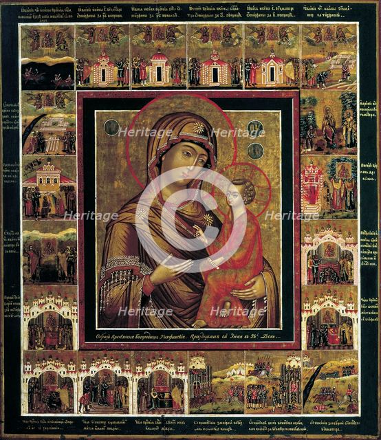 The Virgin of Tikhvin with Border Scenes, first quarter of 19th century. Creator: Russian icon.