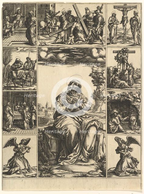 The Virgin of Sorrows; an image of the Virgin Mary surrounded by nine vignettes depict..., ca. 1575. Creator: Giorgio Ghisi.