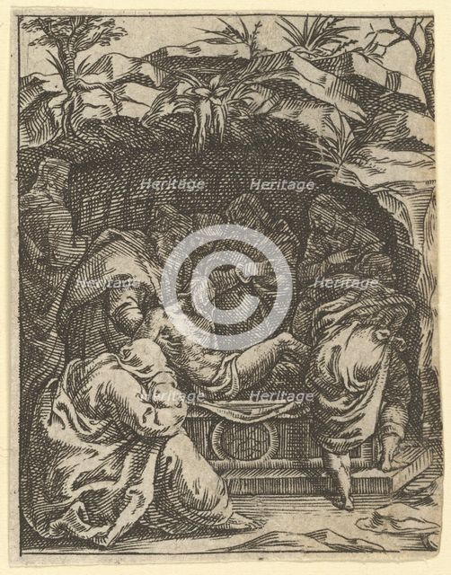 The Virgin of Sorrows: The Entombment; one of nine surrounding compartments from the Vi..., by 1575. Creator: Giorgio Ghisi.