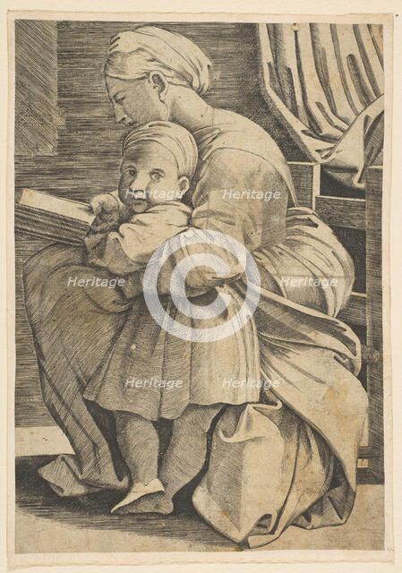 The Virgin reading with the infant Christ; woman seated in profile facing left an..., ca. 1515-1600. Creator: Unknown.