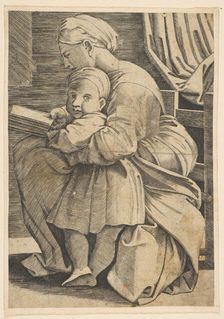 The Virgin reading with the infant Christ; woman seated in profile facing left an..., ca. 1515-1600. Creator: Unknown