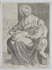 The Virgin seated holding a pillow on her lap with the young Christ standing at right..., 1580-1600. Creator: Annibale Carracci