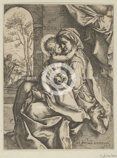 The Virgin seated with the Christ Child on her lap embracing her, Joseph seen thr..., ca. 1600-1613. Creator: Ventura Salimbeni.