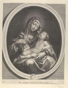 The Virgin seated with the infant Christ sleeping in her lap, in an oval frame, aft..., ca. 1655-70. Creator: François de Poilly