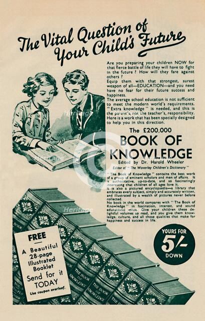 'The Vital Question of your Child's Future - The Book of Knowledge', 1935. Artist: Unknown.